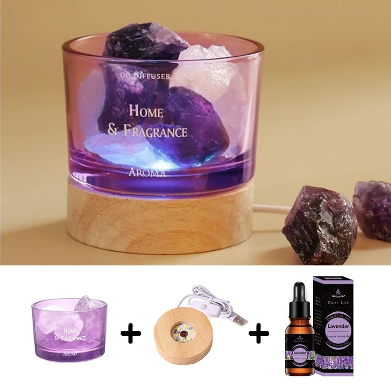 USB Essential Oil Diffuser with Natural Crystal Rocks, LED Passive Diffuser with Healing Crystals, Fragrant Incense Decor Lamp Oasis Select lavender 10ml