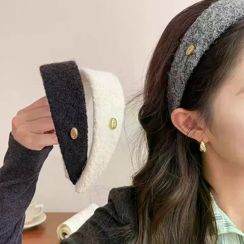 Korean Fuzzy Headband – Soft Plush Hairband with Gold Logo