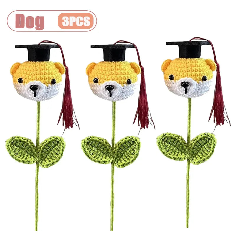 Graduation Season Crochet Bouquet with Graduation Cap Handmade Knitted Flower for Boys Girls Teacher Gift School Oasis Select Dog-3PCS