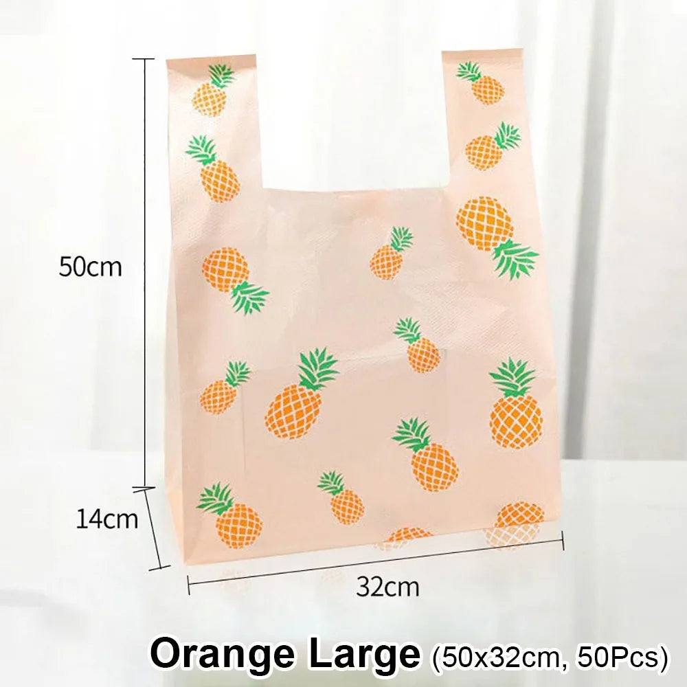 50Pcs Cute Fruit Plastic Bag Vest Bag Carry Out Bags With Handle Supermarket Shopping Takeaway Packaging Bag Home Storage Bag Oasis Select 50Pcs Orange L