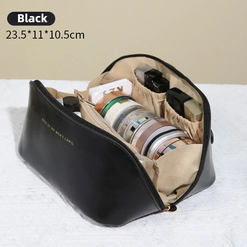 Travel makeup bag, large capacity women's makeup bag, waterproof portable bag open flat wash bag, with divider and handle Oasis Select style 1 bag black