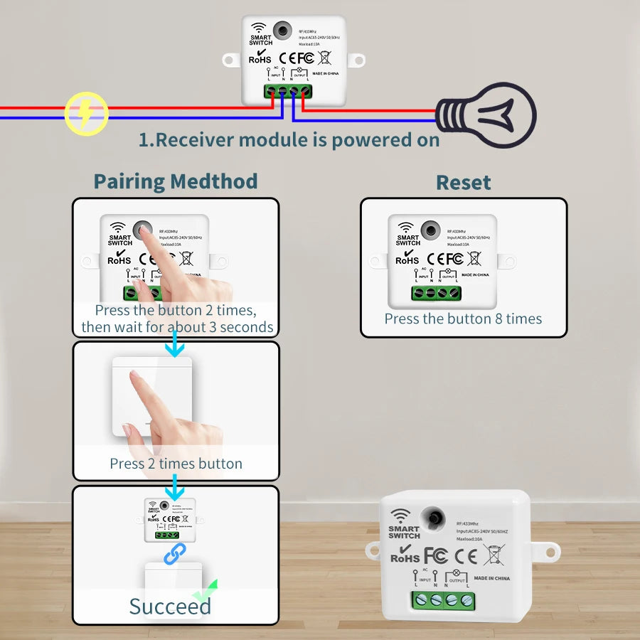Wireless Light Switch 433MHz Remote Control 1/2/3Gang Interruptor Wall Smart Lighting Switch 10A 110V 220V For Lamp LED Oasis Select