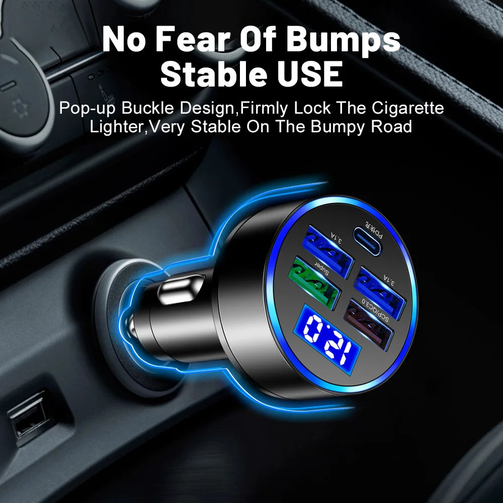 PD QC30 Car Charger 5 Ports Fast Charge USB C 250W LED Phone Charger Type C Adapter for Iphone Samsung Huawei Xiaomi Oasis Select