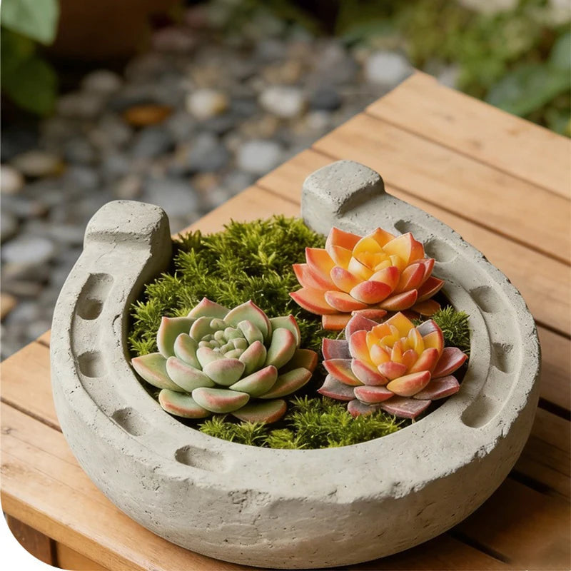 Lucky Horseshoe Concrete Flower Pot Mold, Retro Cement Planter Silicone Mould, DIY Ashtray Storage Tray Resin Tool Oasis Select