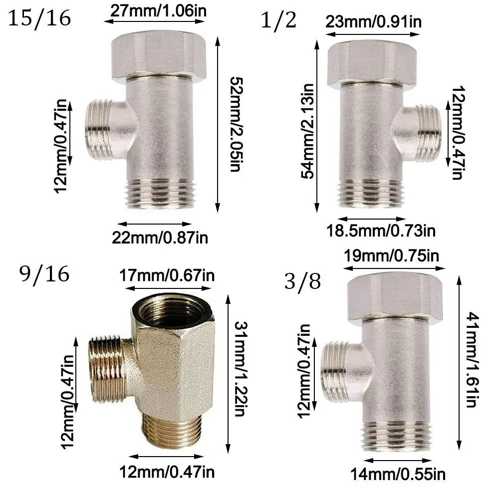 Brass T Valve Adapter Connector 3/8' 1/2' 9/16' 15/16' Durable Kitchen Sink Splitter Diverter Valve Oasis Select