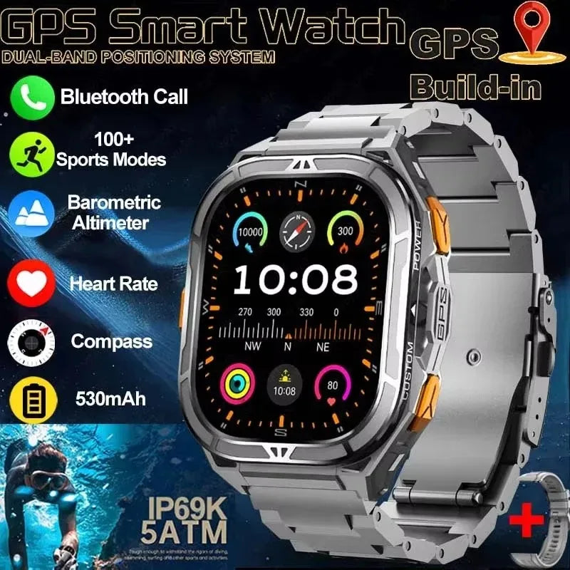 GPS Smart Watch 1.96" AMOLED Bluetooth Call 5ATM Compass