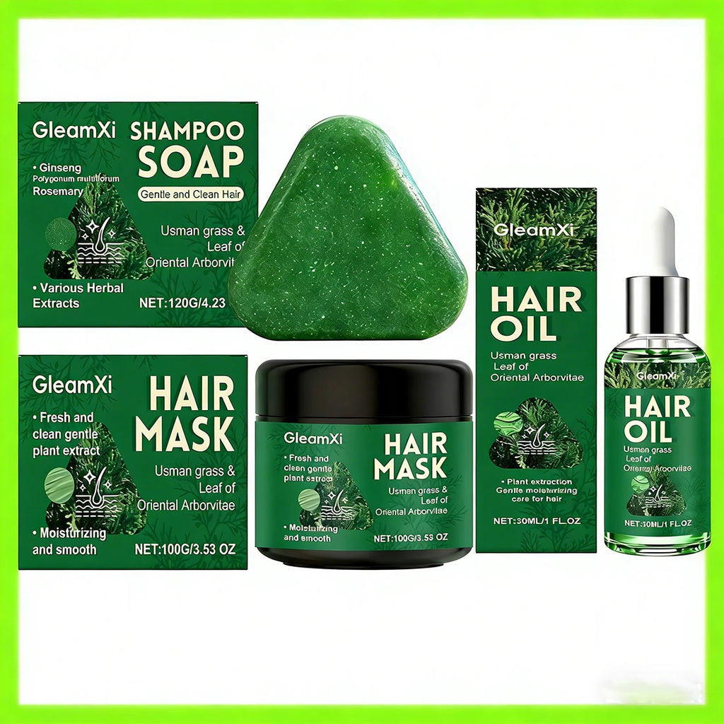 Natural Usman Shampoo Bar + Hair Mask+Hair Oil Set, Usma Grass Soap for Women&Men Gray Hair Reverse, Hair Thickening & Darkening Oasis Select