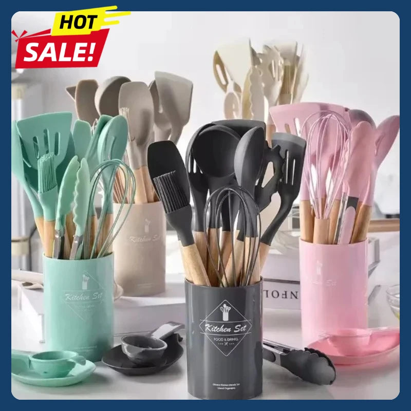 12Pcs Silicone Utensils Set Non-Stick Cookware Spatula Shovel Egg Beaters Wooden Handle Kitchenware Home Kitchen Cooking Tools Oasis Select