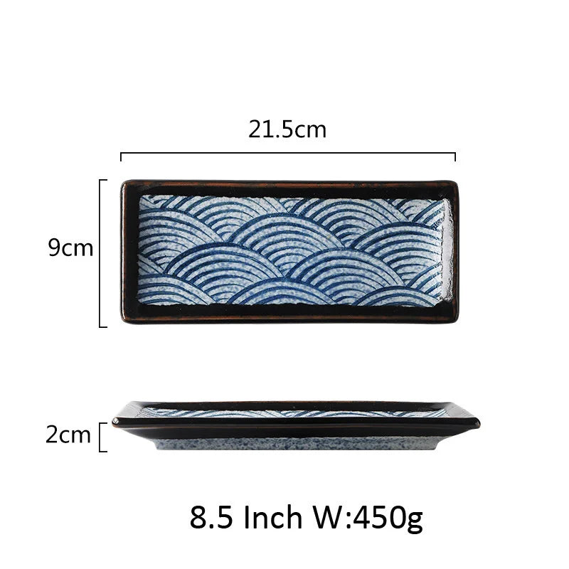 Japanese Wave Pattern Ceramic Sushi Plate Retro Steak Dish Sushi Dinner Plate Tableware Oasis Select 8.5Inch