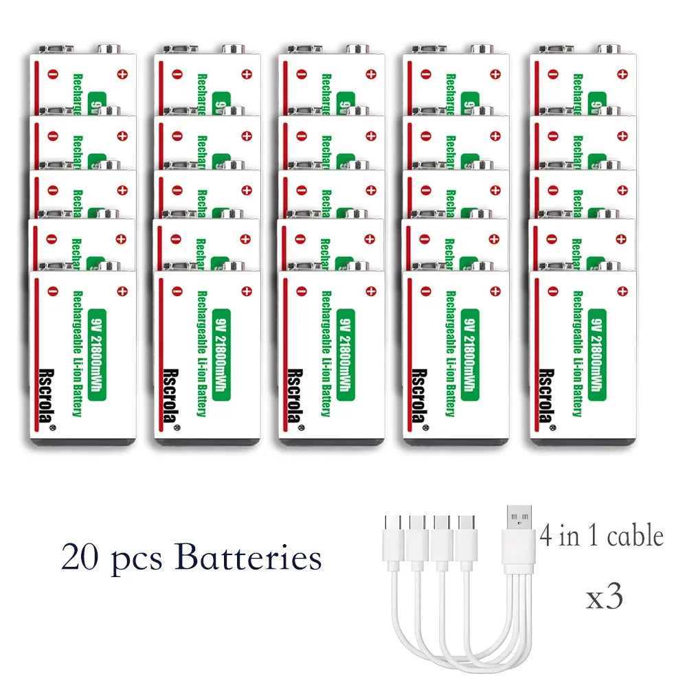 9V Lithium ion Rechargeable Battery 21800mWh High Capacity Long-Lasting for Guitar Microphone Smoke Detector Pedal with Cable Oasis Select 20 pcs 9v Battery 9v