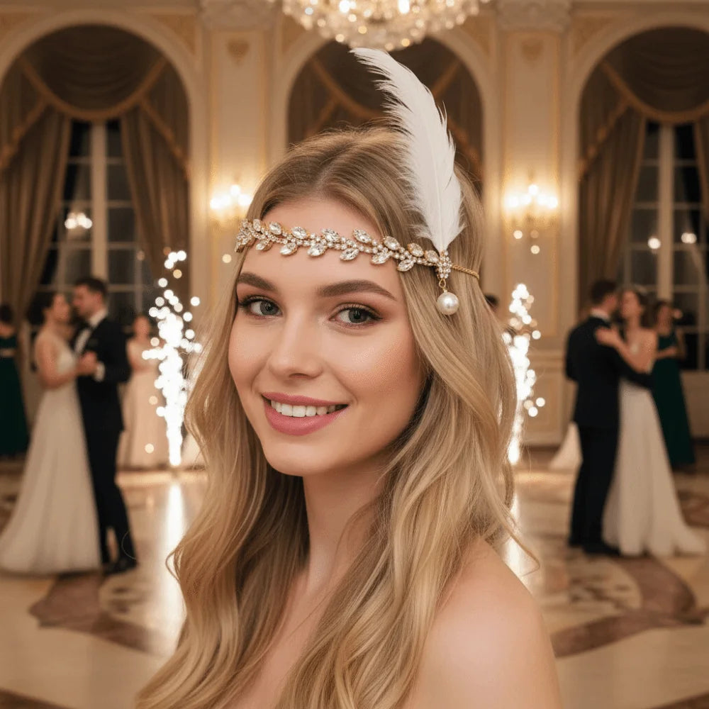 New Retro Feather Hairband with Rhinestone Feather Shape Leaf Headwear Hair Band for Men And Women Oasis Select
