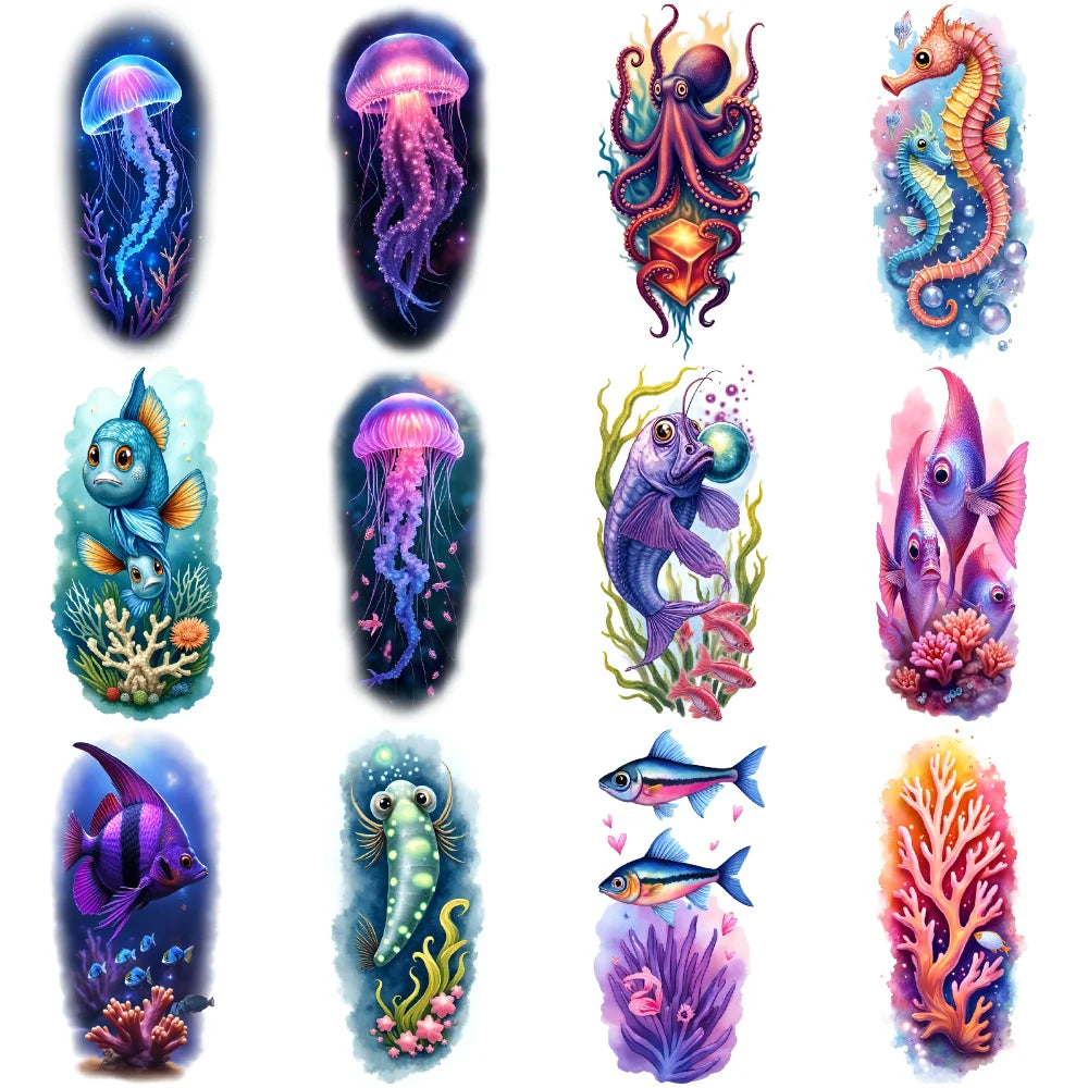 12-Piece Waterproof Temporary Tattoo Stickers – Ocean Design Set