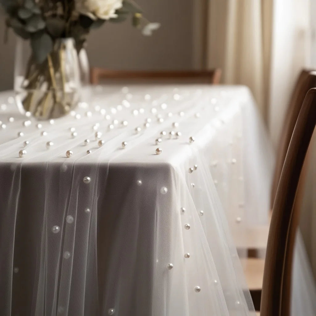 Pearl Chiffon Table Runner 160x100cm Semi Transparent Gauze Mesh Table Cloth for Wedding Bridal Shower Party Dining Decoration Oasis Select