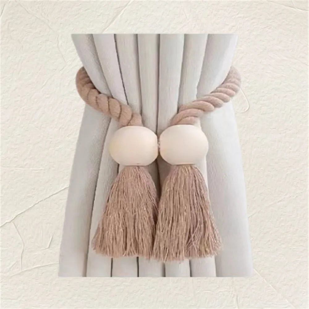 Hand-woven solid wood magnetic knot curtain tiebacks with Boho style, suitable for living room and bedroom home decoration. Oasis Select Beige-circle