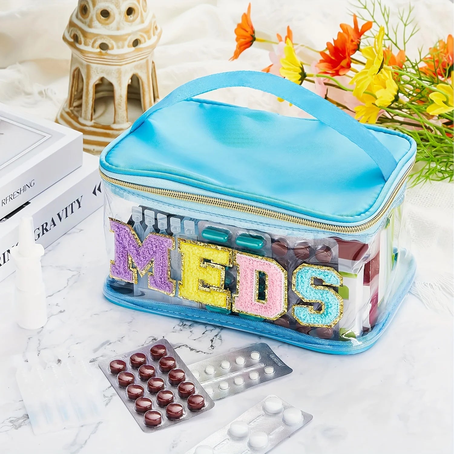 1PC Fashion letter patch cosmetic bag Clear handle nylon zipper travel medicine bag suitable for patients and nurses Oasis Select