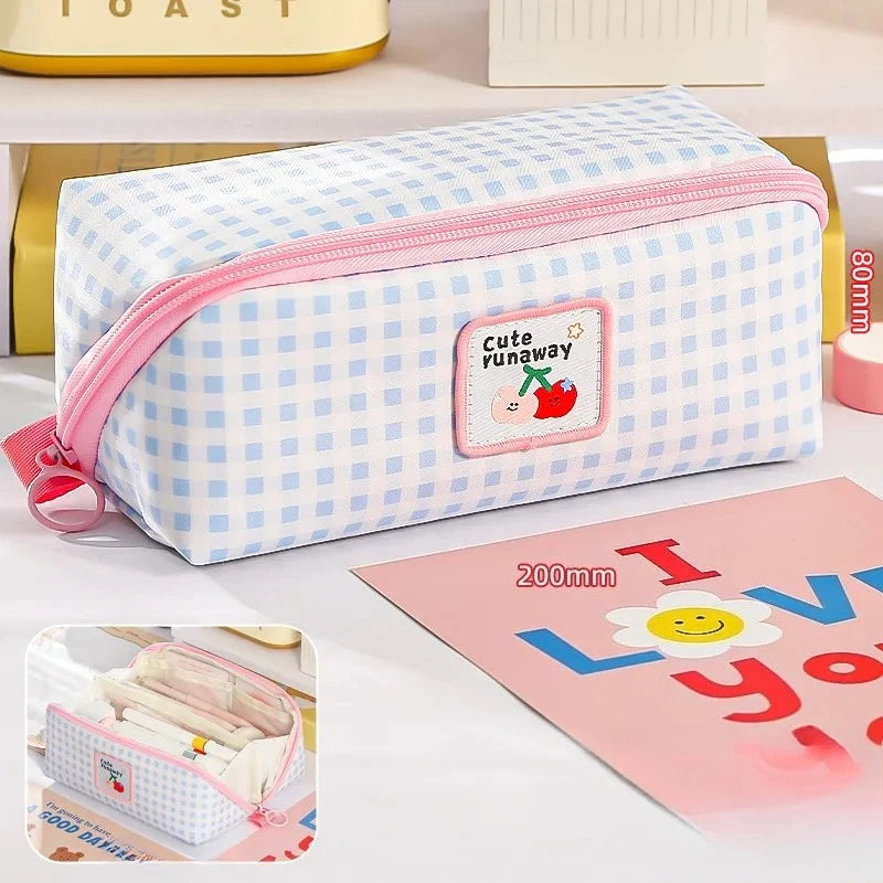 1PCs Cartoon Checkered Large Capacity Pencil Case Student School Desktop Storage Stationery Multi Layer Pen Bag Oasis Select Blue