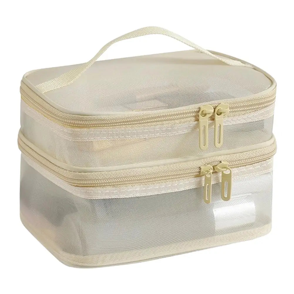 Handheld Mesh Storage Bag Large Capacity Double-Layer Portable Toiletry Bag Travel Cosmetic Organizer Bag Oasis Select beige