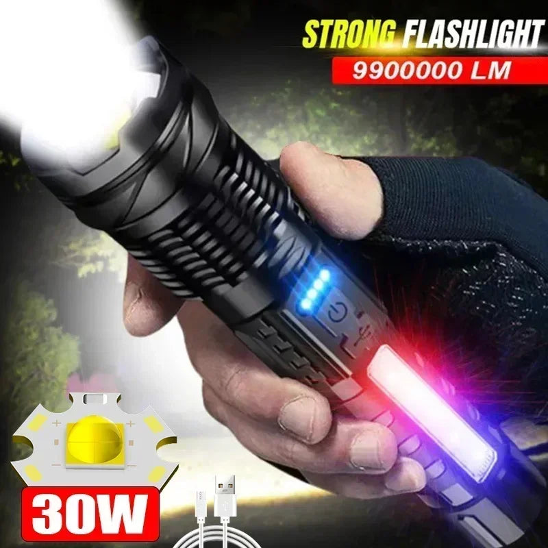 High Strong Power Led Flashlights Tactical Emergency Spotlights Telescopic Zoom Built-in Battery USB Rechargeable Camping Torch Oasis Select