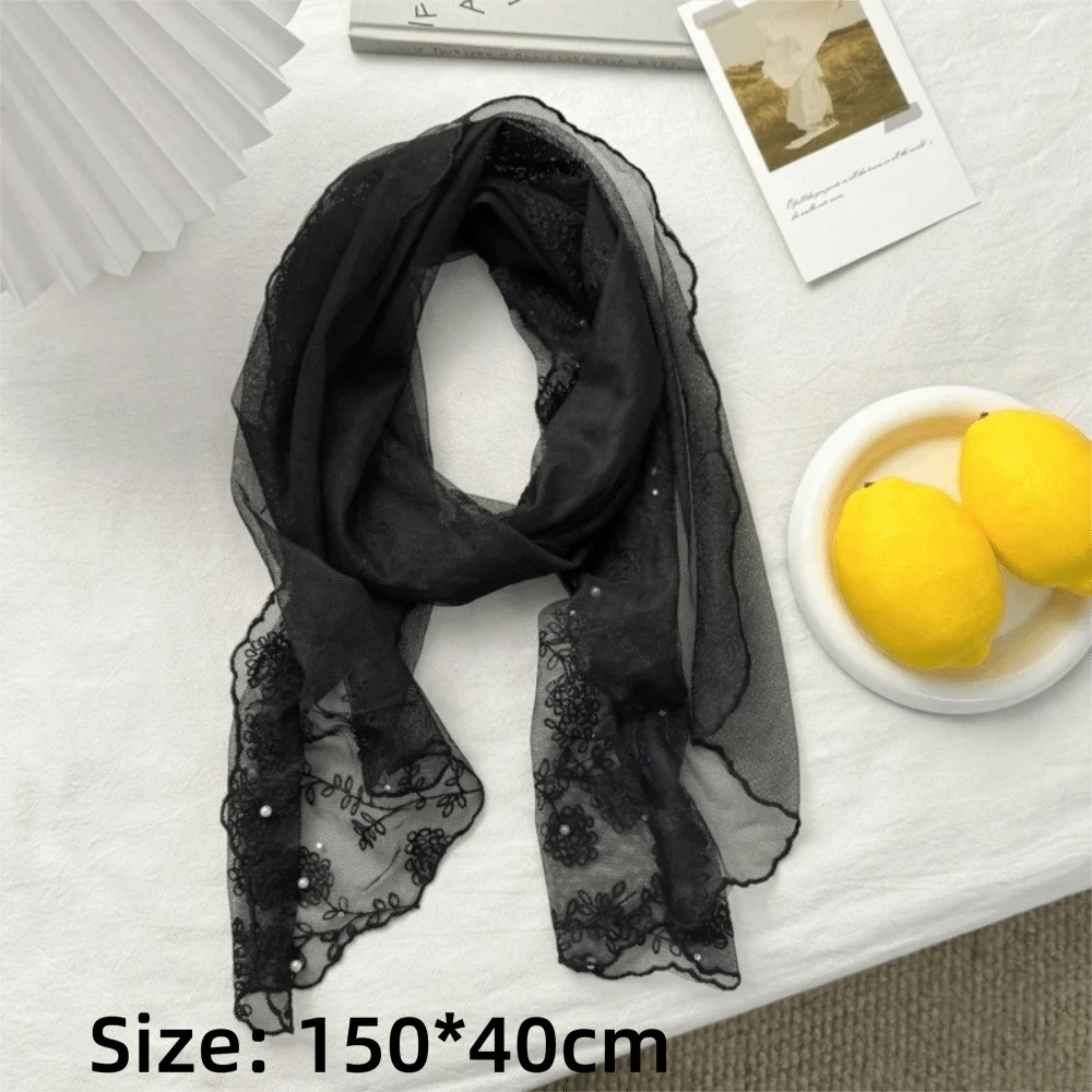 Retro Lace Long Scarf Embroidered Flower Small Flower Headscarf Tide Long Thin Neckerchief Spring and Summer Oasis Select