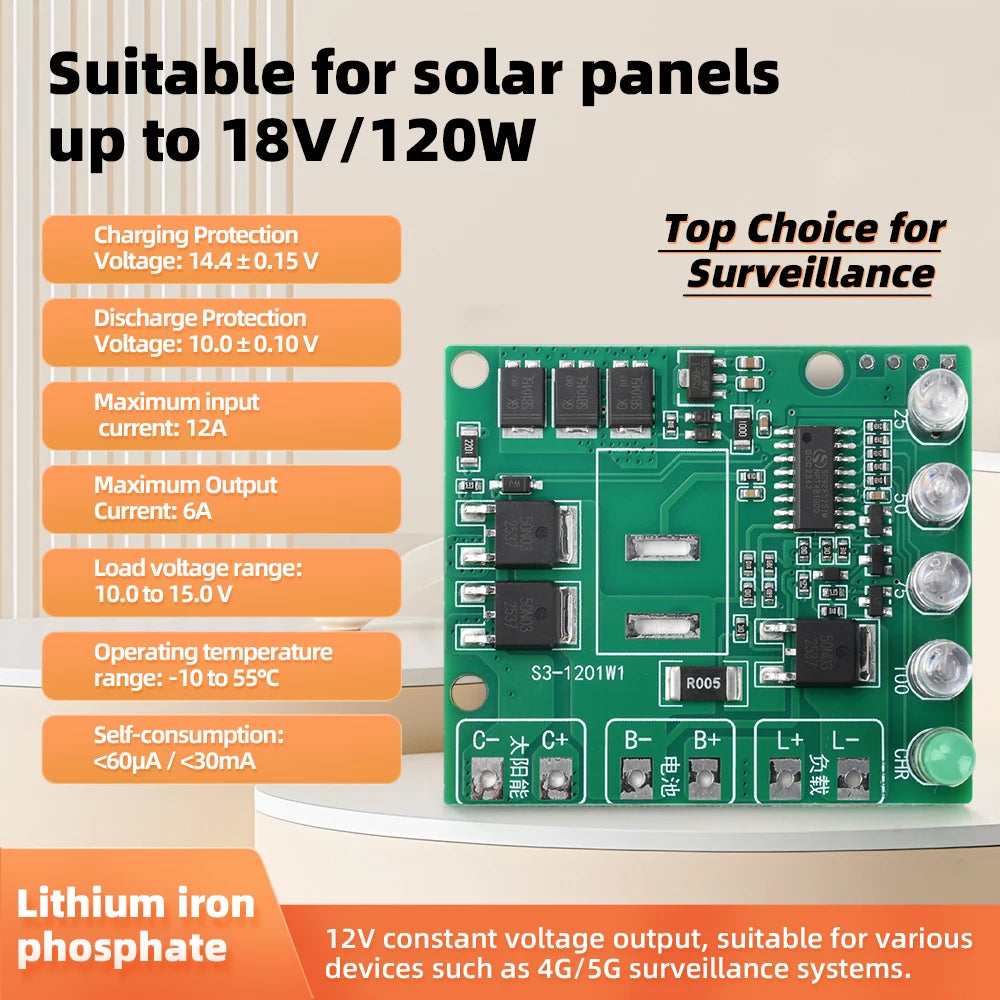 Solar Charge Module 12V 12A Max Intelligent Charging for 12.6V Lithium 14.4V LiFePO4 Battery Multi-Protection LED Indicator Oasis Select