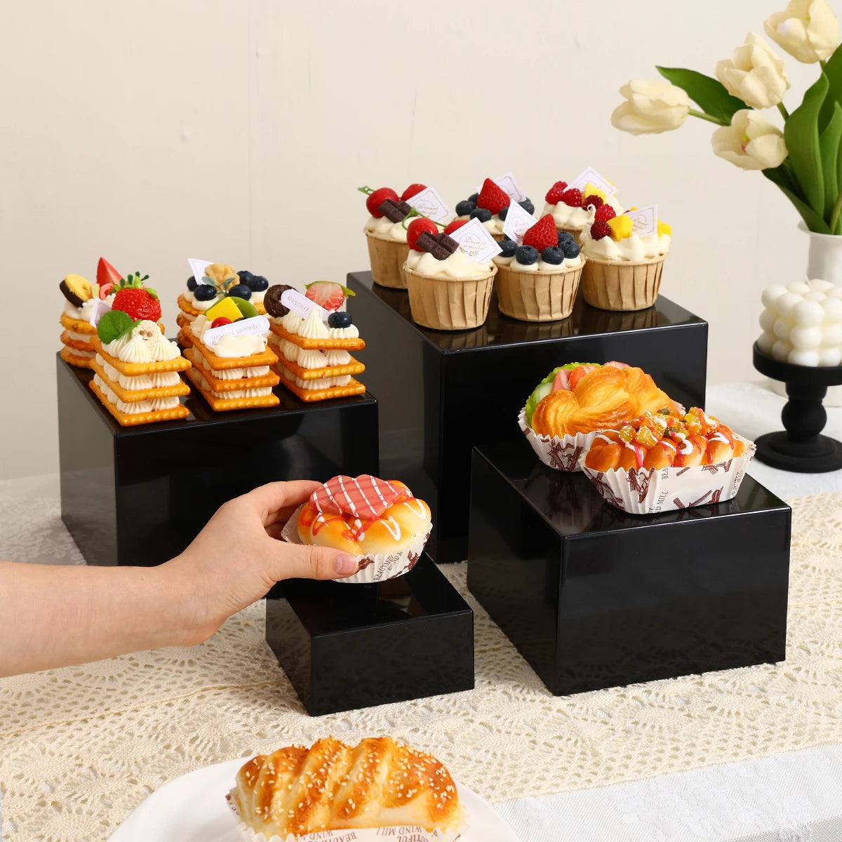 3pcs/4pcs Cube Glossy Black/Semi Transparent Black Acrylic Dessert Cake Display Stand Durable Wedding and Celebration Stand Oasis Select
