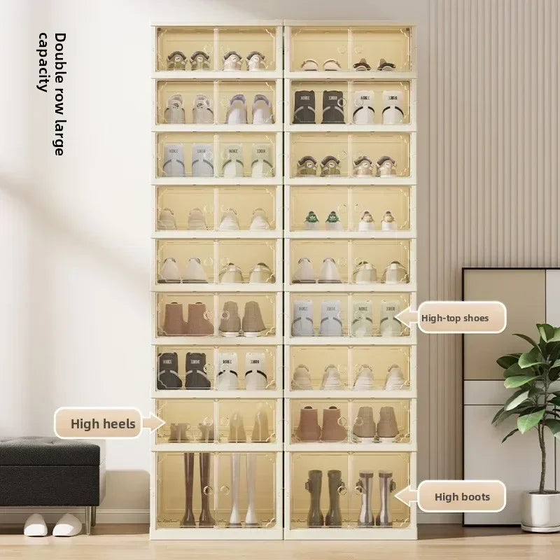 Household shoe cabinet storage double-row multi-function transparent magnetic attraction-free installation storage box foldable Oasis Select