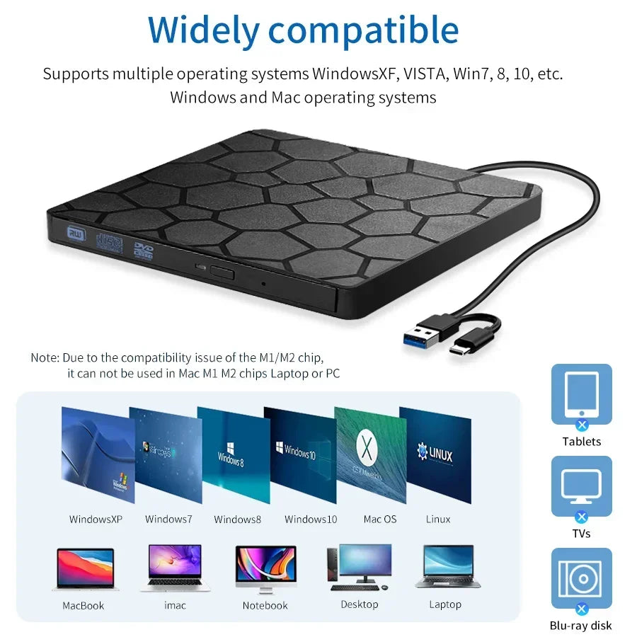 GGBEE External DVD CD Burner USB 3.0 & USB-C for Laptop PC External Optical Drive Oasis Select