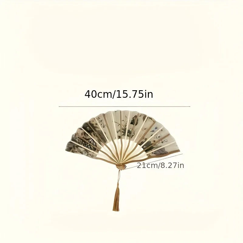 Traditional Chinese Ink Painting Folding Fan Portable Bamboo Cloth Hand Fan with Floral Pattern and Tassel for Qipao Accessory Oasis Select