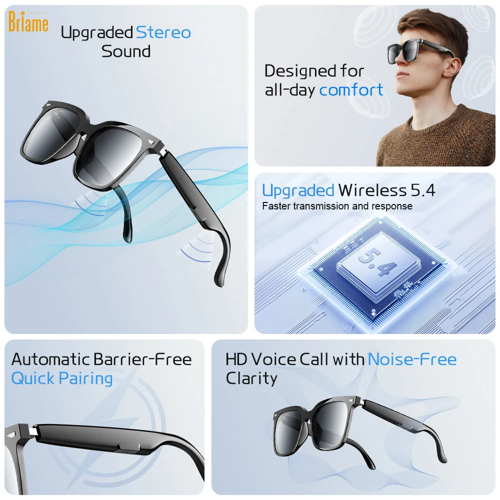 Briame Bluetooth Glasses Earphones Wireless Headphones Built-in Microphone for Sports And Driving Running Glasses Headset Game Oasis Select