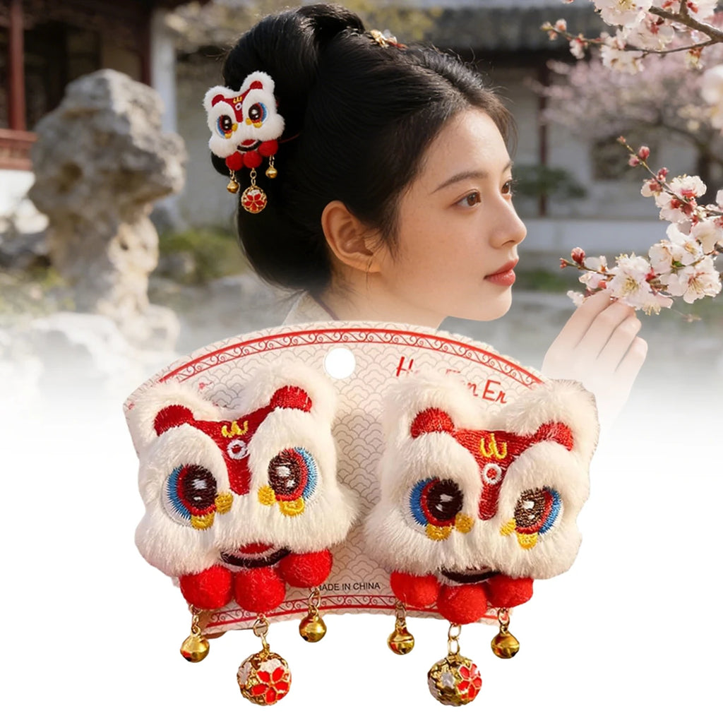 2pcs Chinese Lion Dance Hair Clip Pompom Tassel Barrette Traditional Xing Shi Awakened Lion Hairpin Oriental Festival Accessorie Oasis Select
