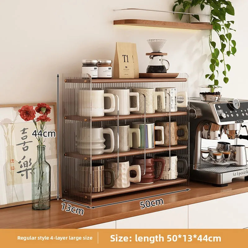 Coffee countertop cup holder, desktop rack, antique display, multi-layer acrylic solid wood water cup, kitchen storage rack Oasis Select 4 layers and 4