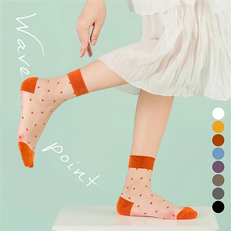 5 Pairs (10pcs) Breathable Polka Dot Glass Women'S Socks, Candy Color Summer Socks, Fashionable Polka Dot Decoration Socks Oasis Select