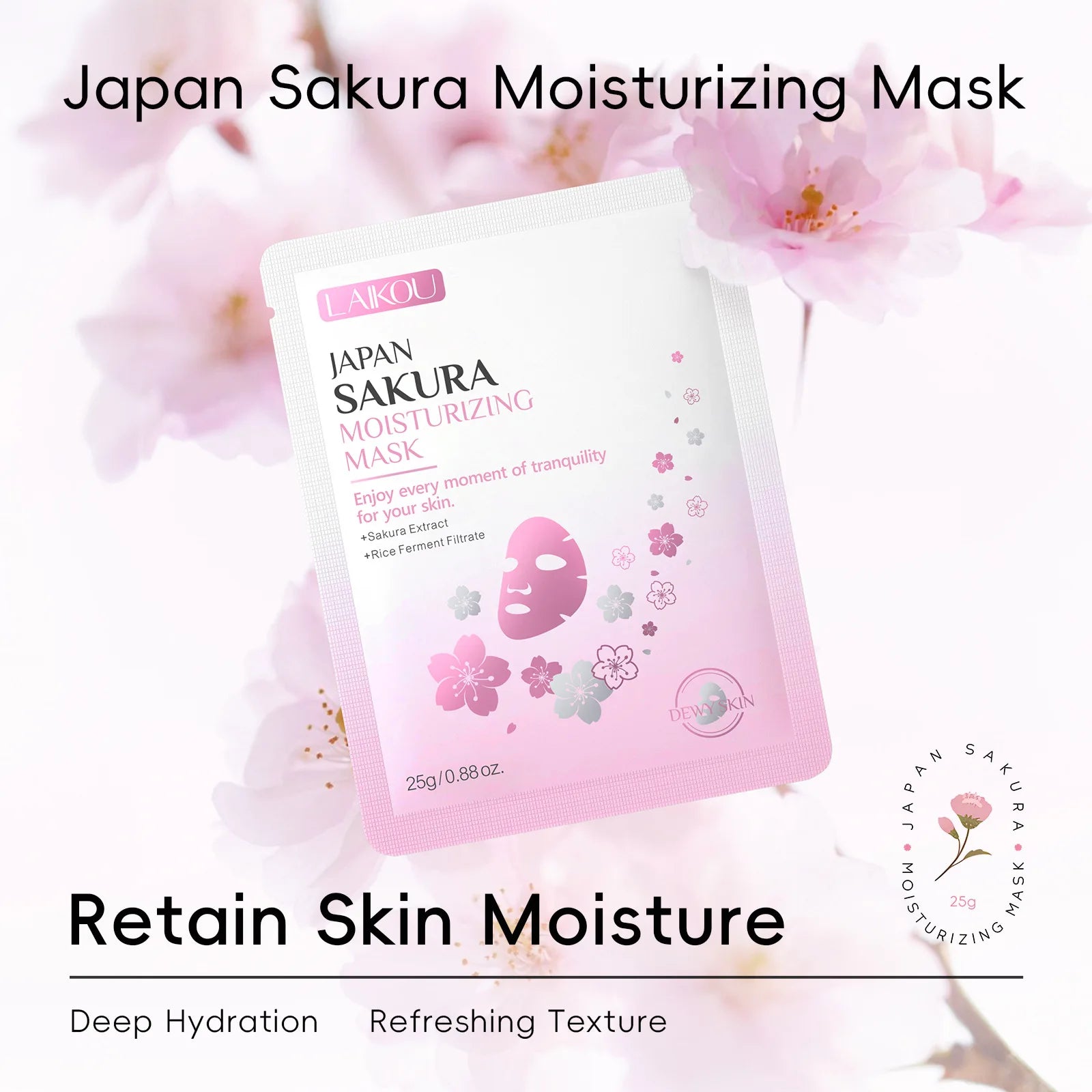 Laikou Sakura Facial Mask, Hydrating & Brightening Sheet Mask for Moisturized and Radiant Face Masks Skin Care Cosmetics 25g Oasis Select