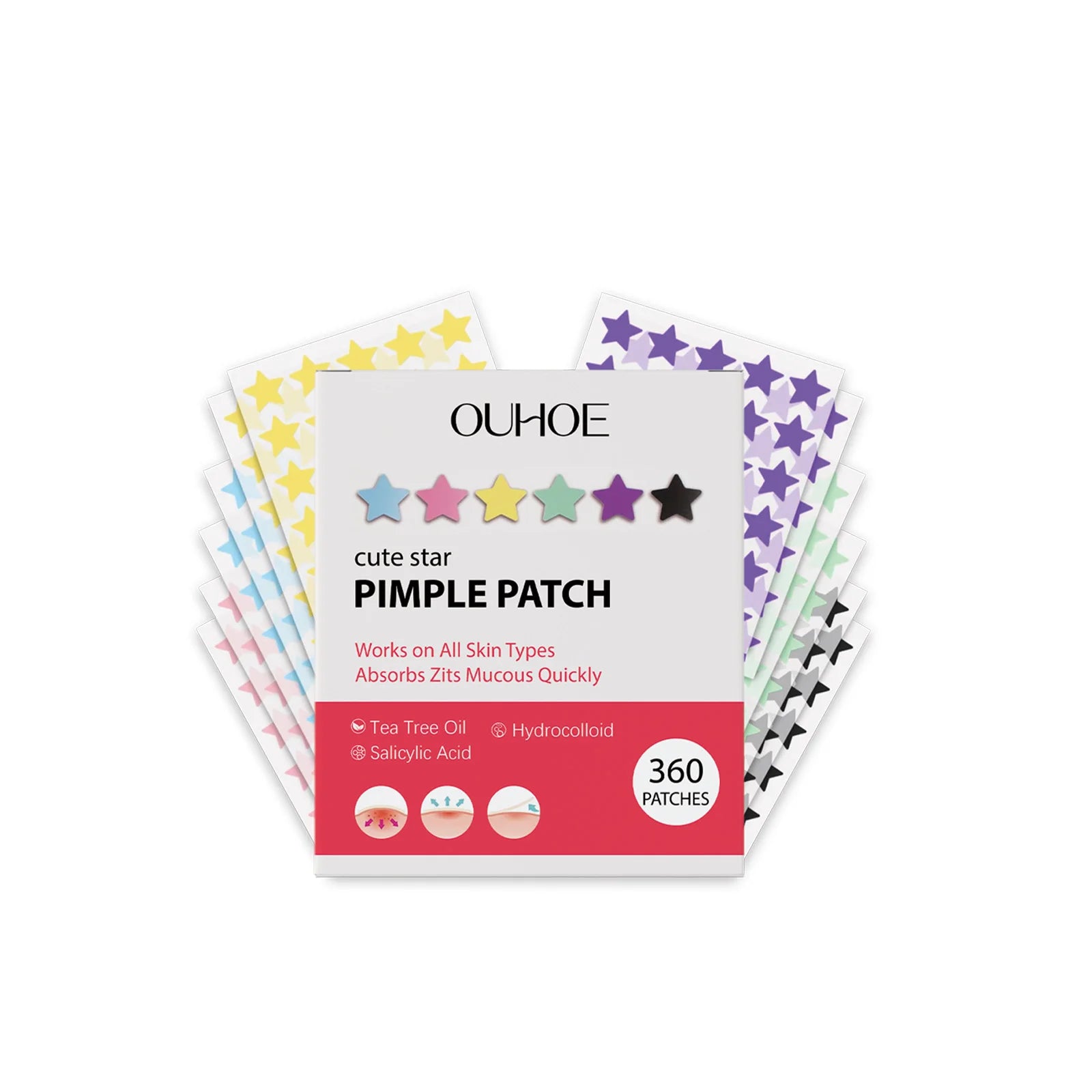 Star Shaped Pimple Patches Covering Zits Fade Blemishes Hydrocolloid Invisible Pimple Removal Tool Multi-Color Star Acne Patches Oasis Select 360pcs boxed