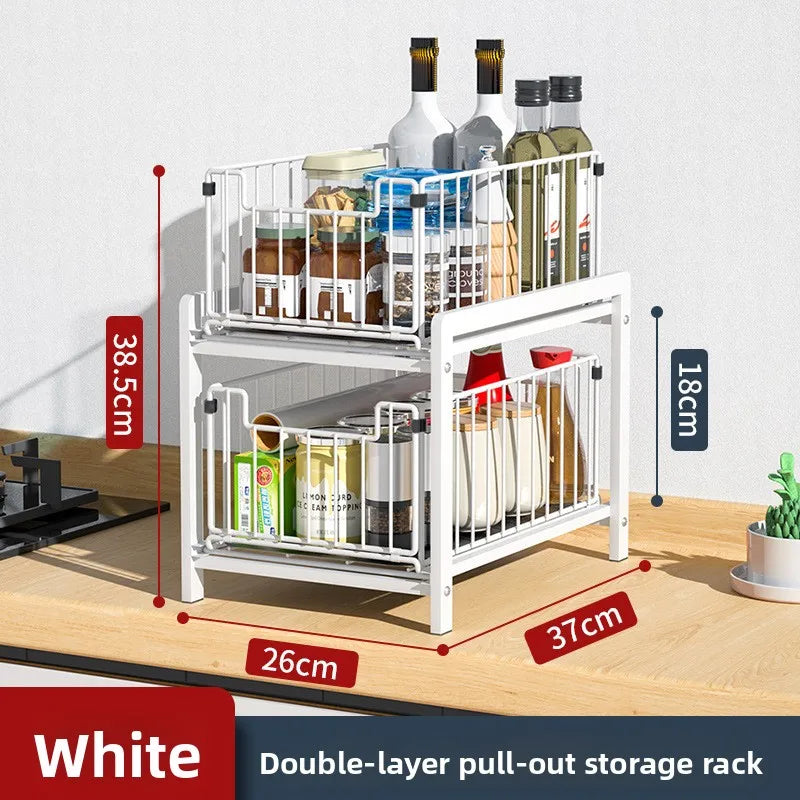 Cabinet drawer rack, kitchen supplies storage basket, layered seasoning, under dishes, sink, pull storage box Oasis Select White