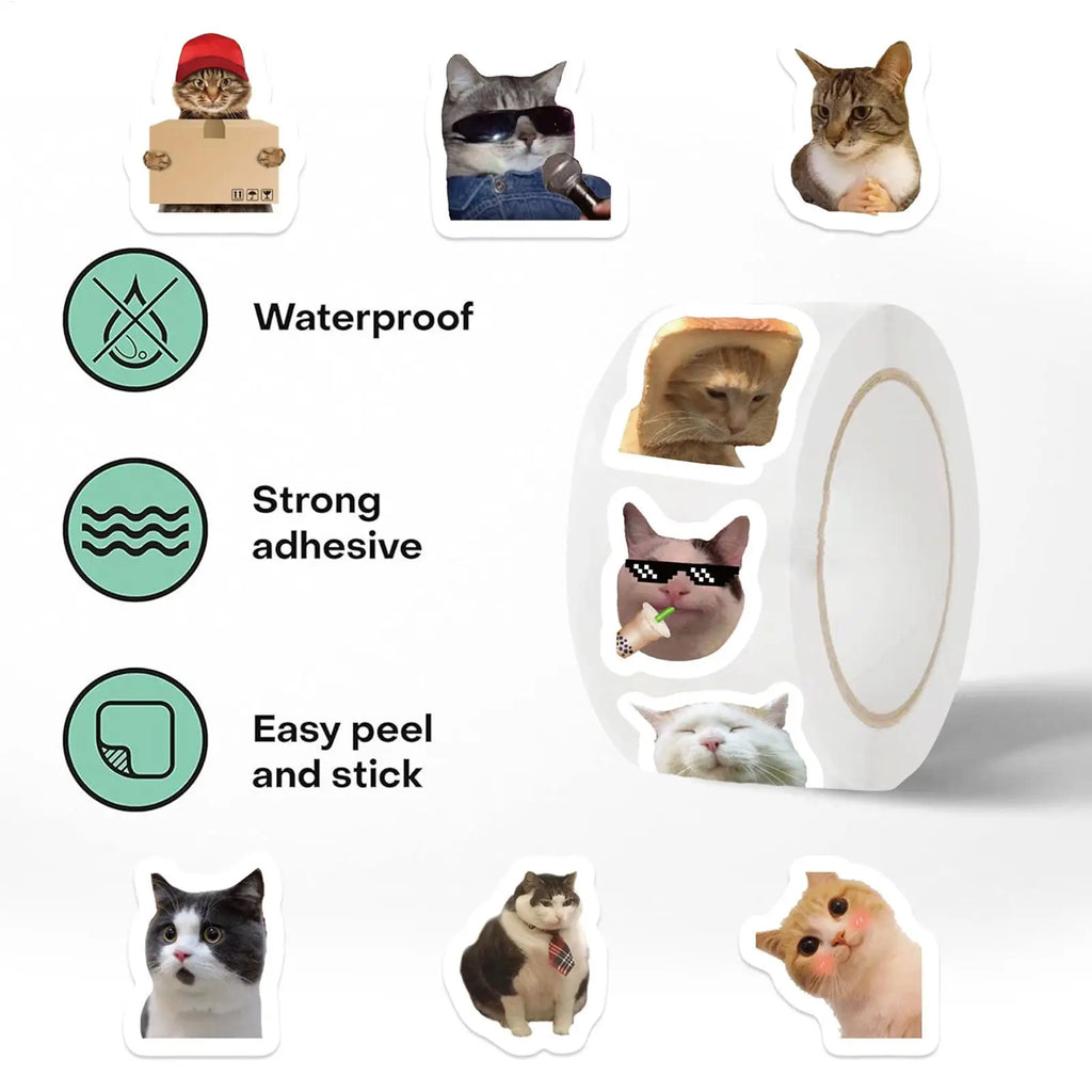 Cat Meme Stickers 500 Pieces Cute Waterproof Sticker Roll Decals Toys for Laptop Bottle Bracelet Table Home School Kids Youth Oasis Select