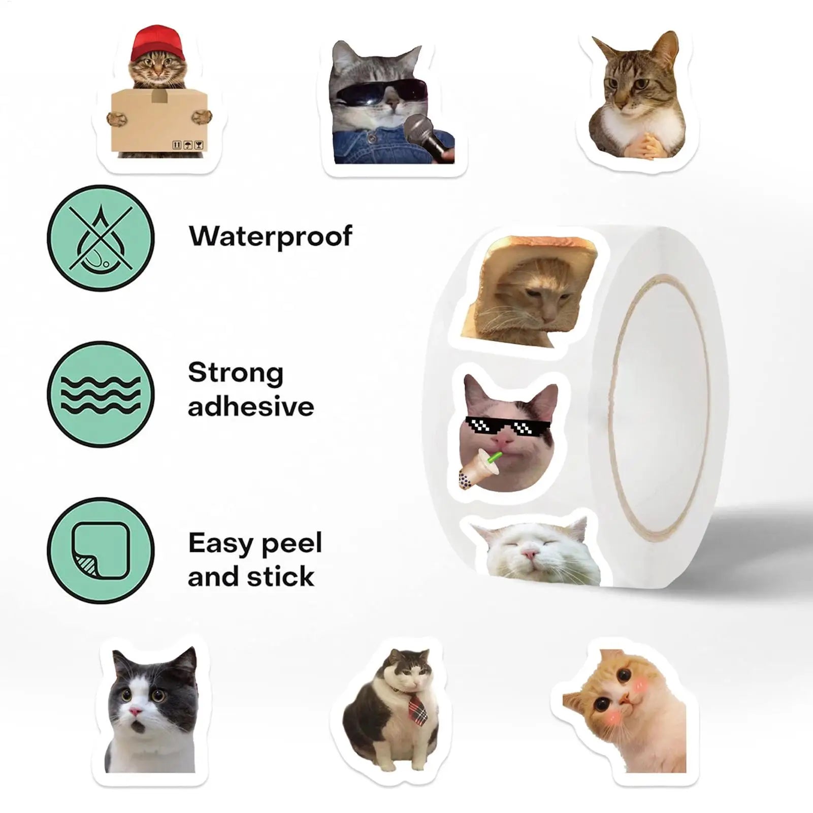 Cat Meme Stickers 500 Pieces Cute Waterproof Sticker Roll Decals Toys for Laptop Bottle Bracelet Table Home School Kids Youth Oasis Select
