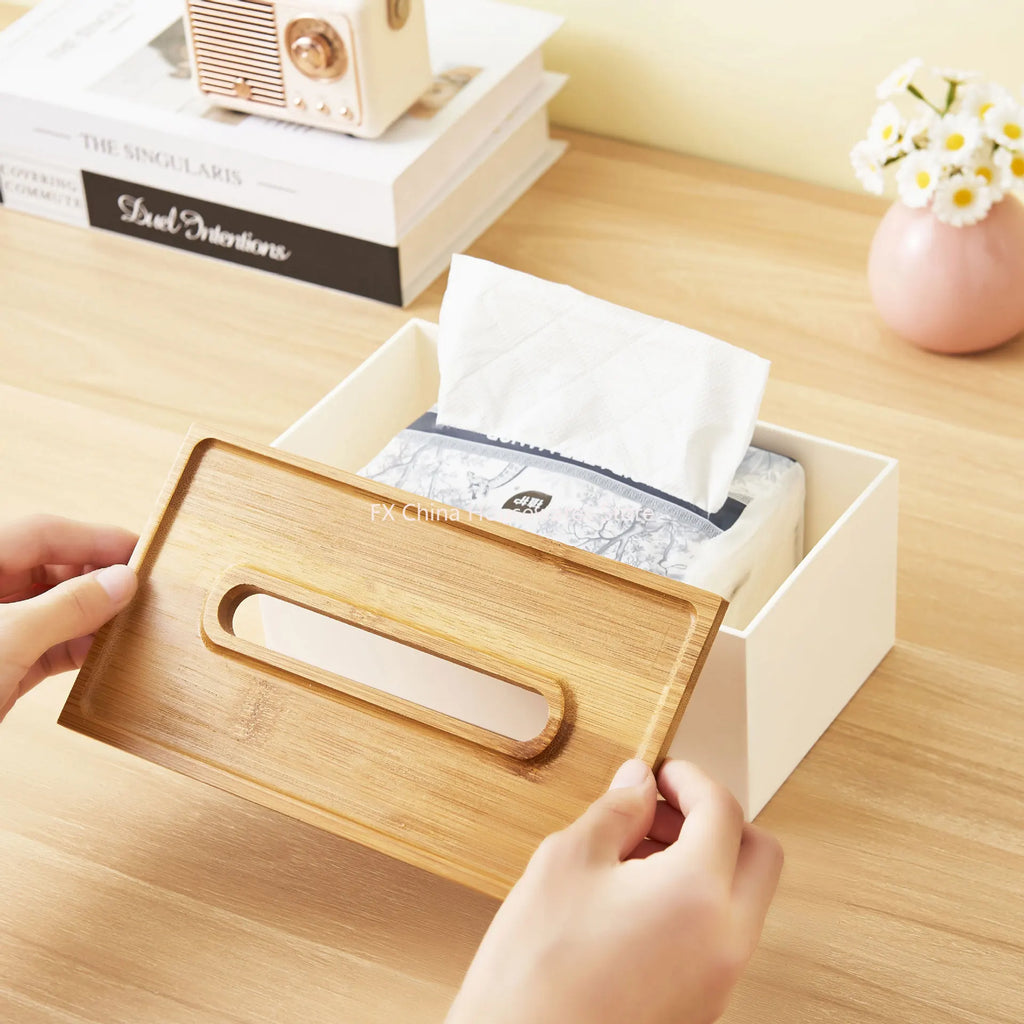 Japanese Style Bamboo Lid Tissue Box Holder - Plastic Desktop Organizer for Living Room, Bathroom, Office, Kitchen Storage Oasis Select
