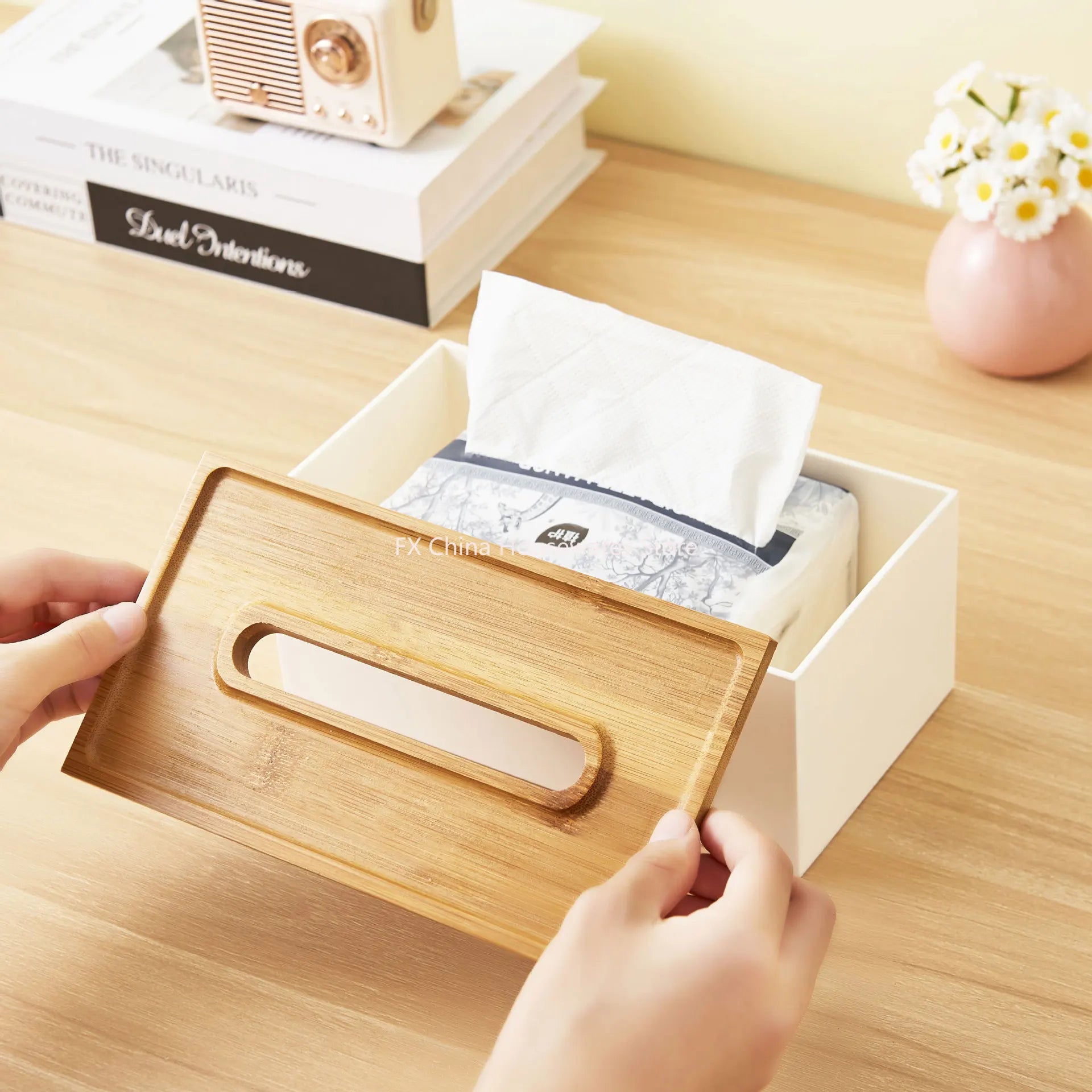 Japanese Style Bamboo Lid Tissue Box Holder - Plastic Desktop Organizer for Living Room, Bathroom, Office, Kitchen Storage Oasis Select