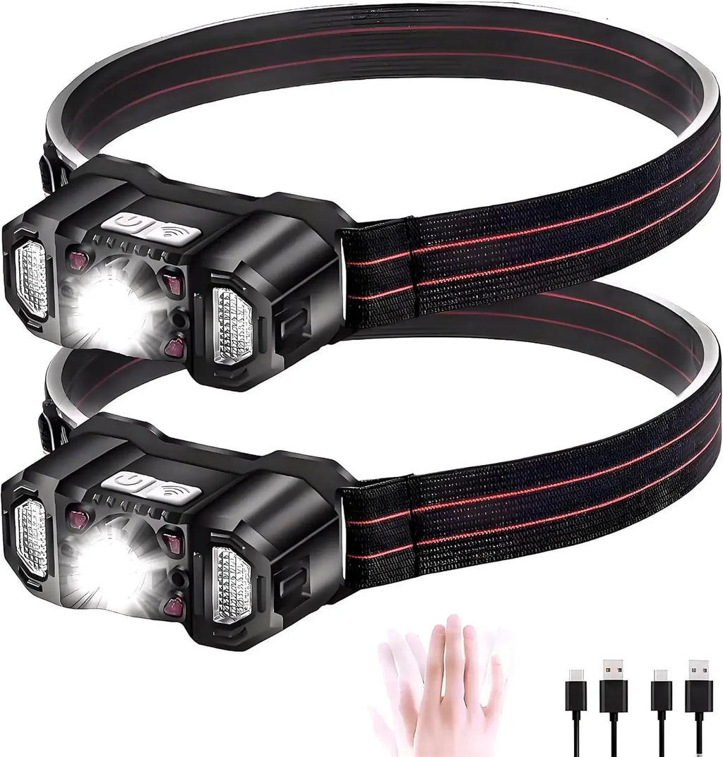 1-2 Pack Smart Motion Sensor COB LED Headlamp USB Rechargeable Headlight Outdoor Waterproof Head Lamp Head Flashlight Oasis Select 2 Pack