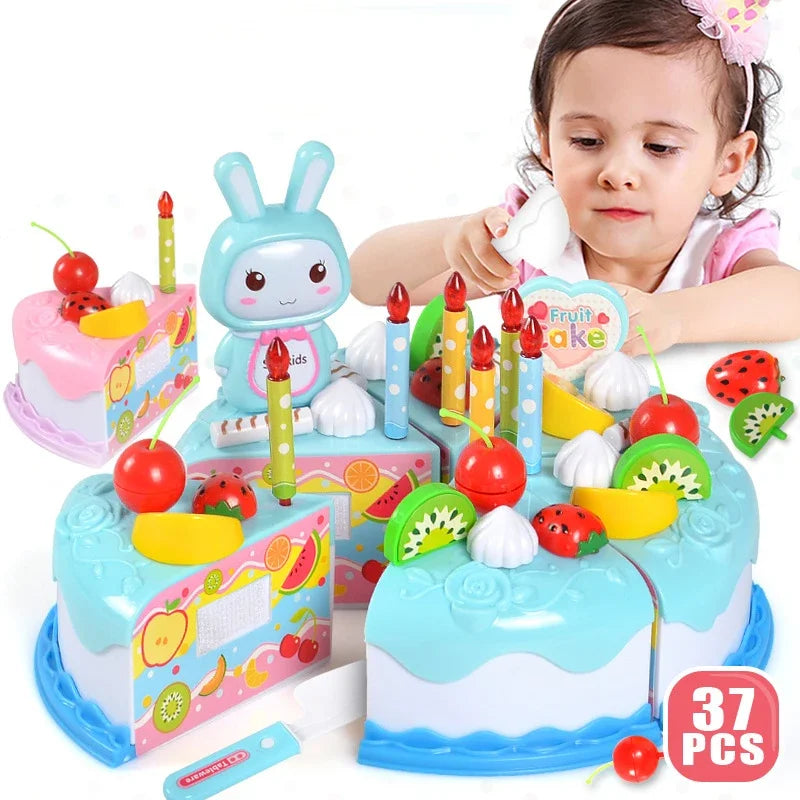 Kids Toy Simulation DIY Birthday Cake Model Kitchen Pretend Play House Cutting Fruit Food Toy for Toddler Children Gift Boy Girl Oasis Select Blue