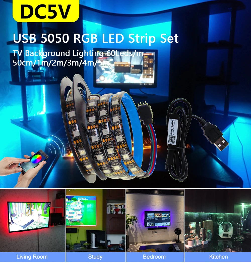 DC 5V RGB LED Strip USB Light Not Waterproof SMD 5050 0.5- 5M 5 V Volt TV PC Led Strip Light USB RGB Tape With Remote Controller Oasis Select