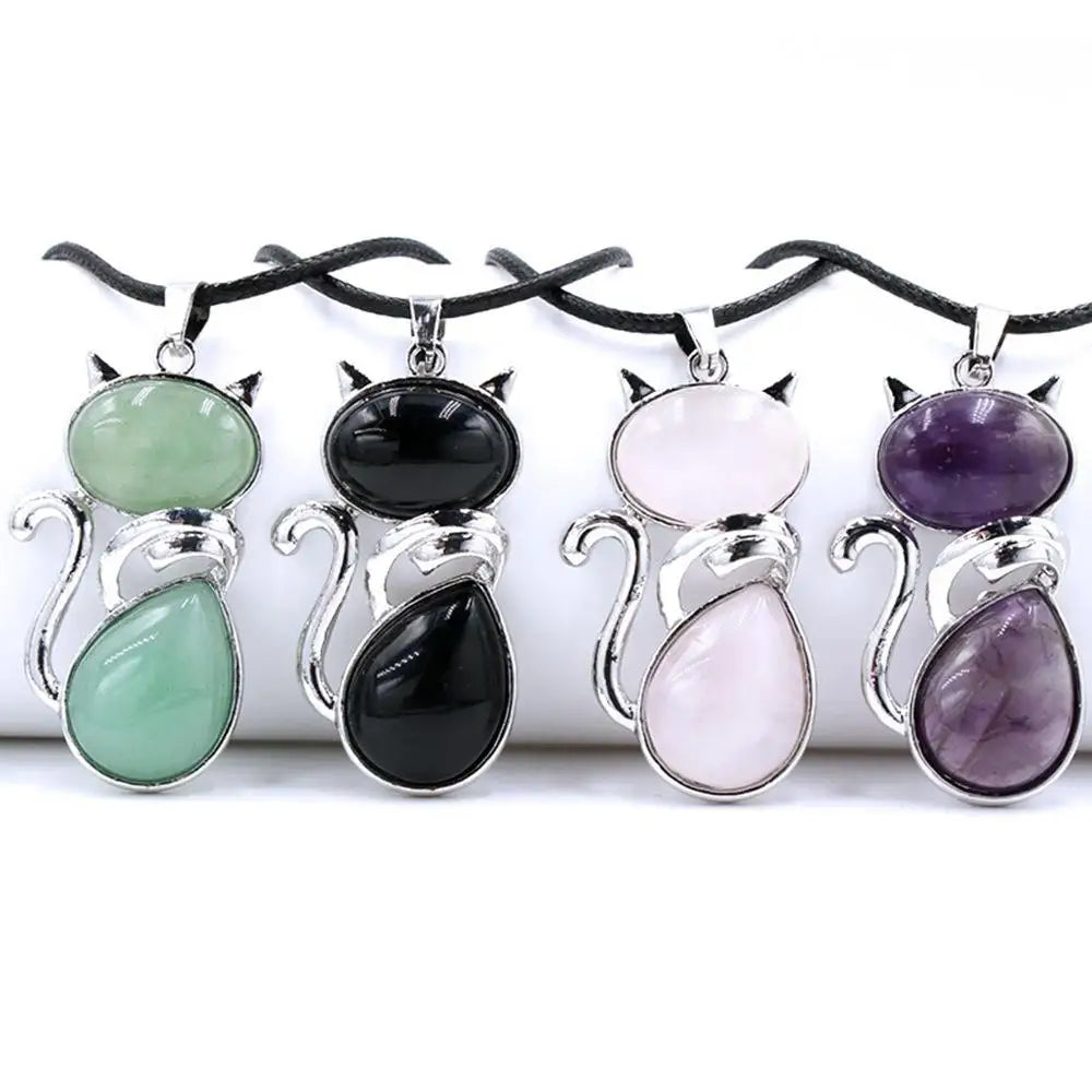 Natural Stone Cat Pendant – Amethyst, Tiger Eye & Crystal