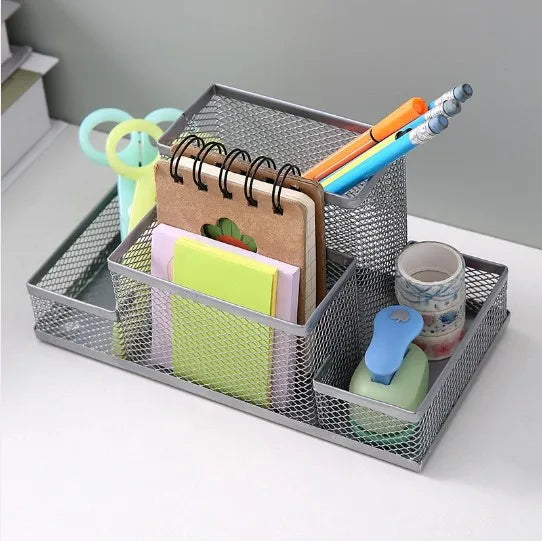Mesh Desk Organizer Office Supplies Caddy with Pencil Holder and Storage Baskets for Desktop Accessories, 3 Compartments, Black Oasis Select 4 grids silvery