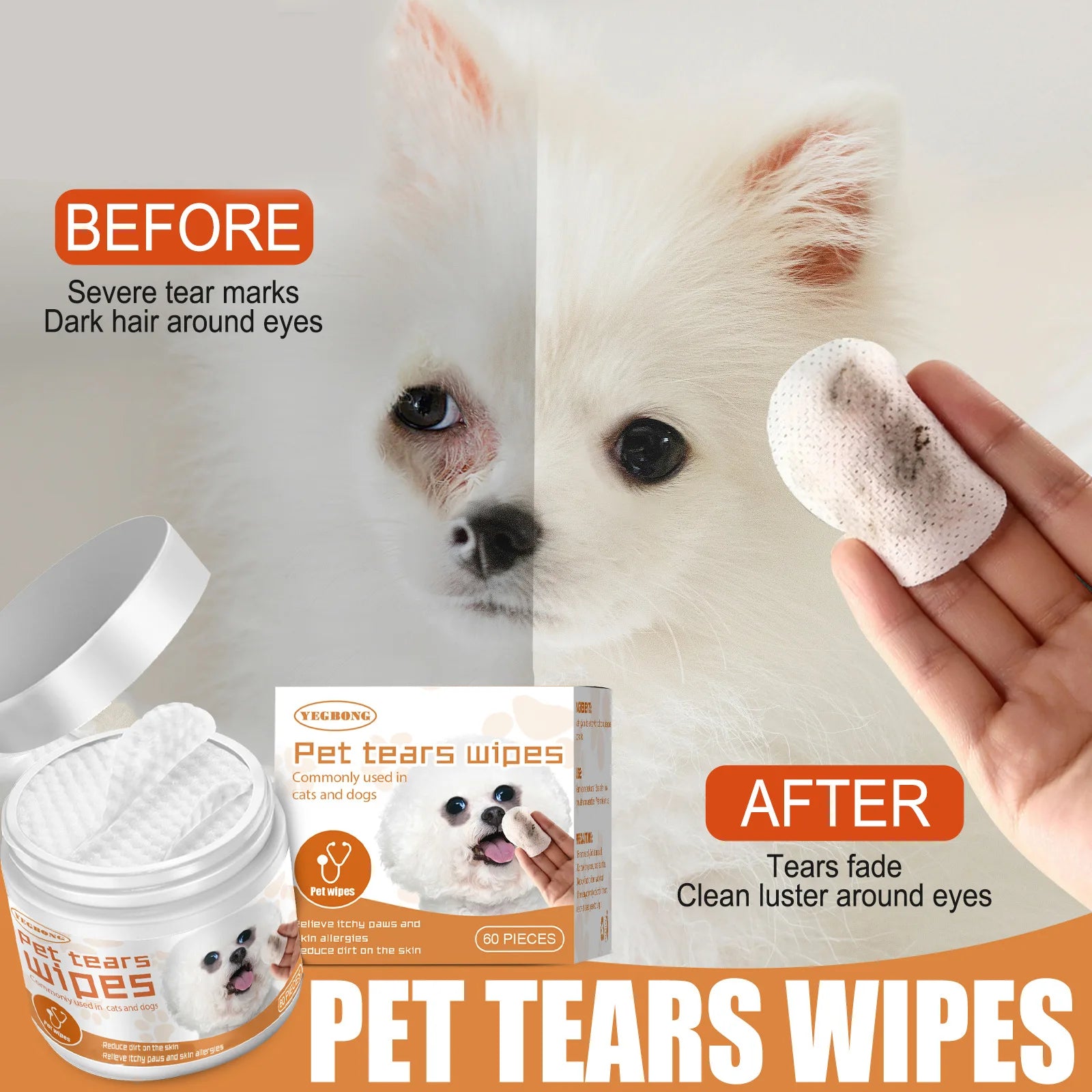 Pet Wipes for Dog Cat Eye Cleansing Remove Tear Stains Wipe Away Eye Droppings and Grime Non-irritating Cotton Pads 60PCS Oasis Select