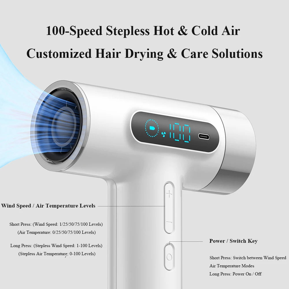 URGGU Cordless Hair Dryer 100,000RPM | 100 Speeds, USB Charge