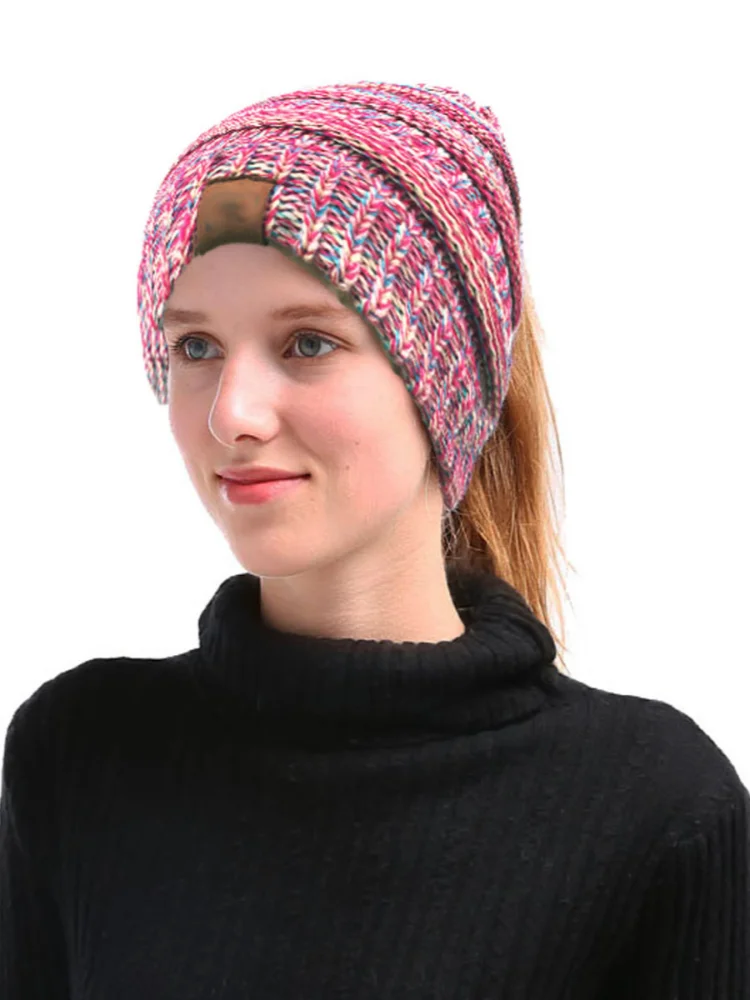 Colorful Knitted Hat, Empty Top, Fashionable Ponytail Hat, Autumn and Winter 3-Color Dome, Casual and Versatile Oasis Select 4