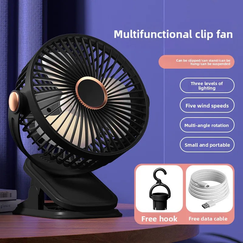 USB Rechargeable Clip Fan 5 Speeds 3 Level Night Light 720° Rotation Ultra Quiet Brushless Motor Portable for All Scenarios Oasis Select Black