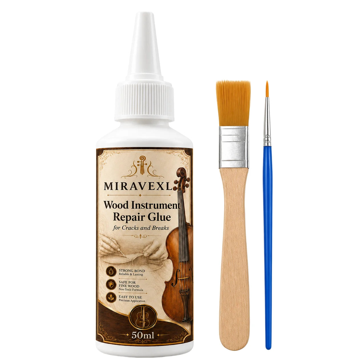 Wood Instrument Repair Glue 50ml Set Flat Brush Detail Brush for Guitar Violin Cello BridgeNeck Crack Fix Adhesive Kit Pack Pro Oasis Select 1 bottle