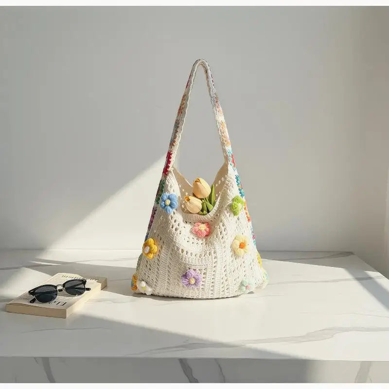Large Capacity Boho Tote Bag Trendy Floral Crochet Handbag Vintage Multicolor Cut-out Knitted Handbag Fashionable Hollow Out Oasis Select
